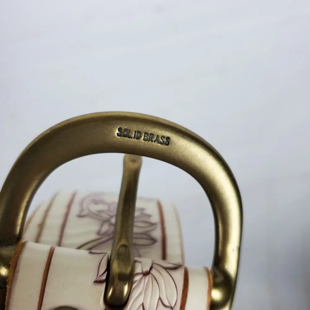 Lucky Brand Chimaera Scored Leather Belt Womens 30 White Brass Buckle Floral